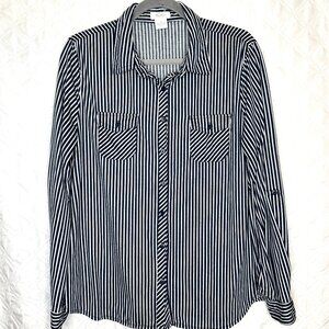 Coastal Preppy Love Potion navy blue and white striped button down shirt, XL